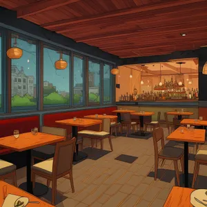 Modern Restaurant Interior with Wooden Furniture and Chairs