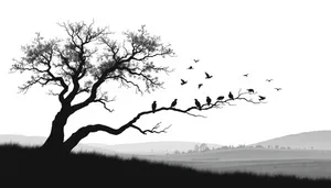Silhouette of bird perched on tree branch at sunset.