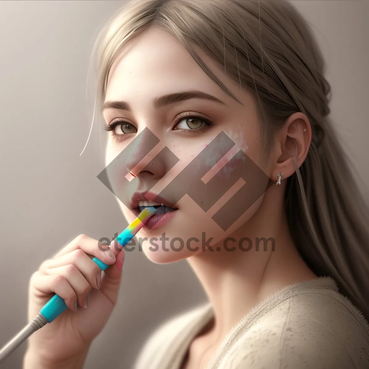 Picture of Beautiful Woman with Red Lipstick and Brush