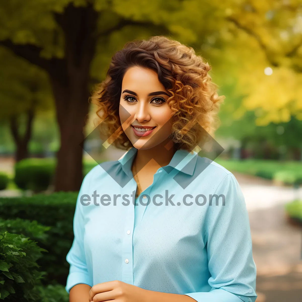 Picture of Cheerful Brunette Lady Smiling in Park