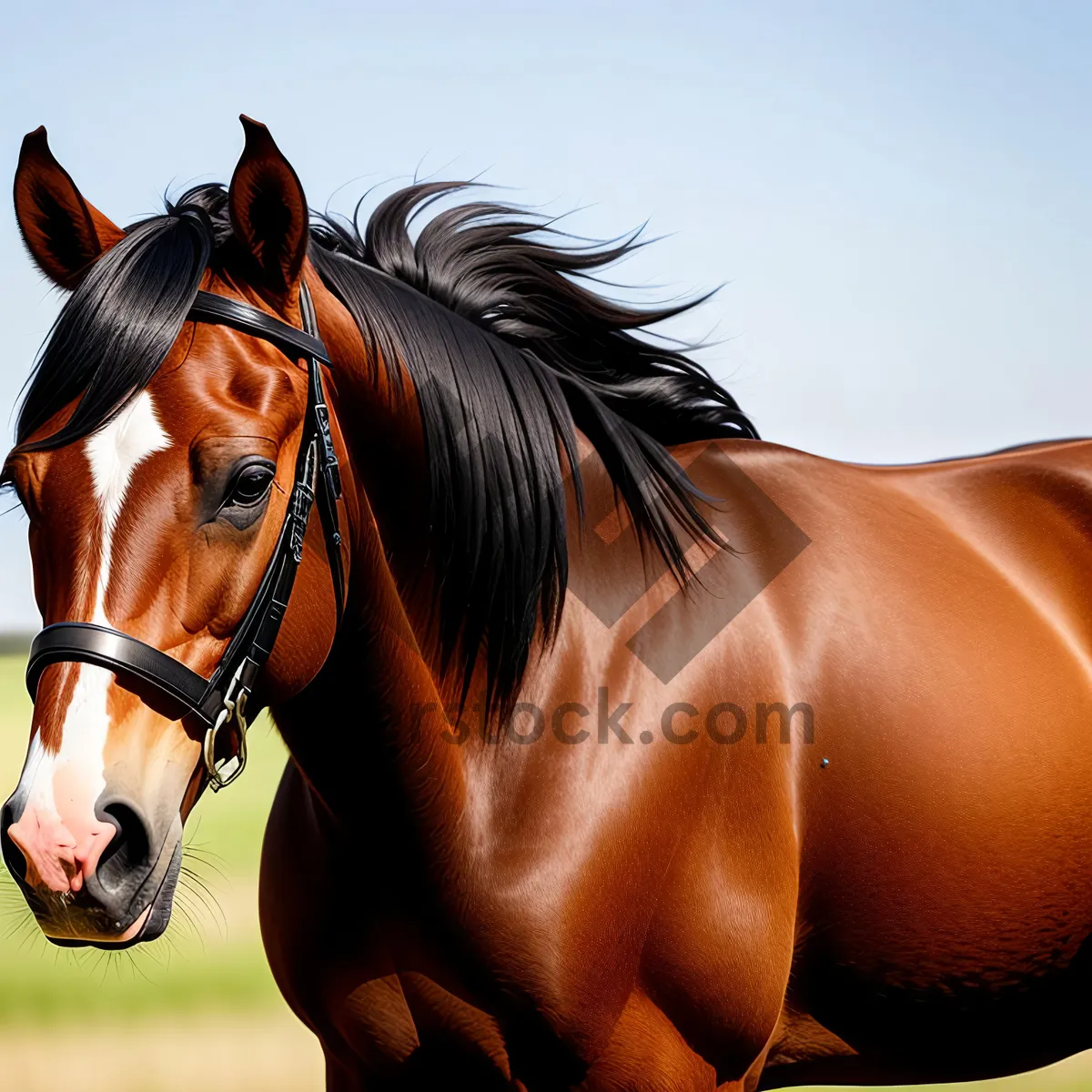 Picture of Beautiful Chestnut Stallion Grazing in Meadow