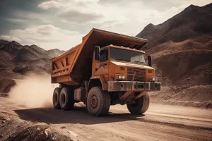 Yellow construction bulldozer at industrial work site.