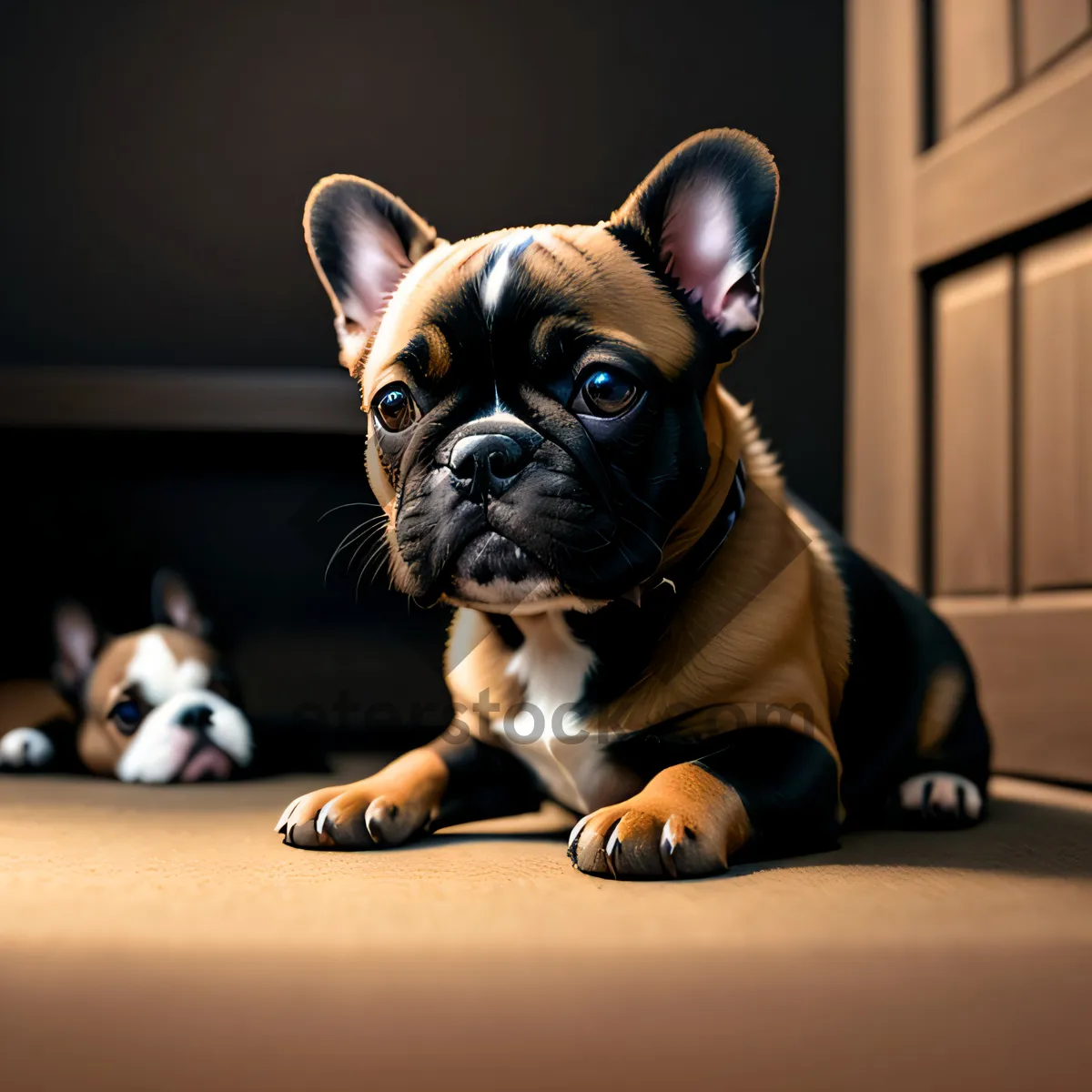 Picture of A cute Bulldog puppy with adorable wrinkles, sitting obediently and irresistibly charming