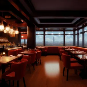 Modern restaurant interior with stylish wood furniture and lighting