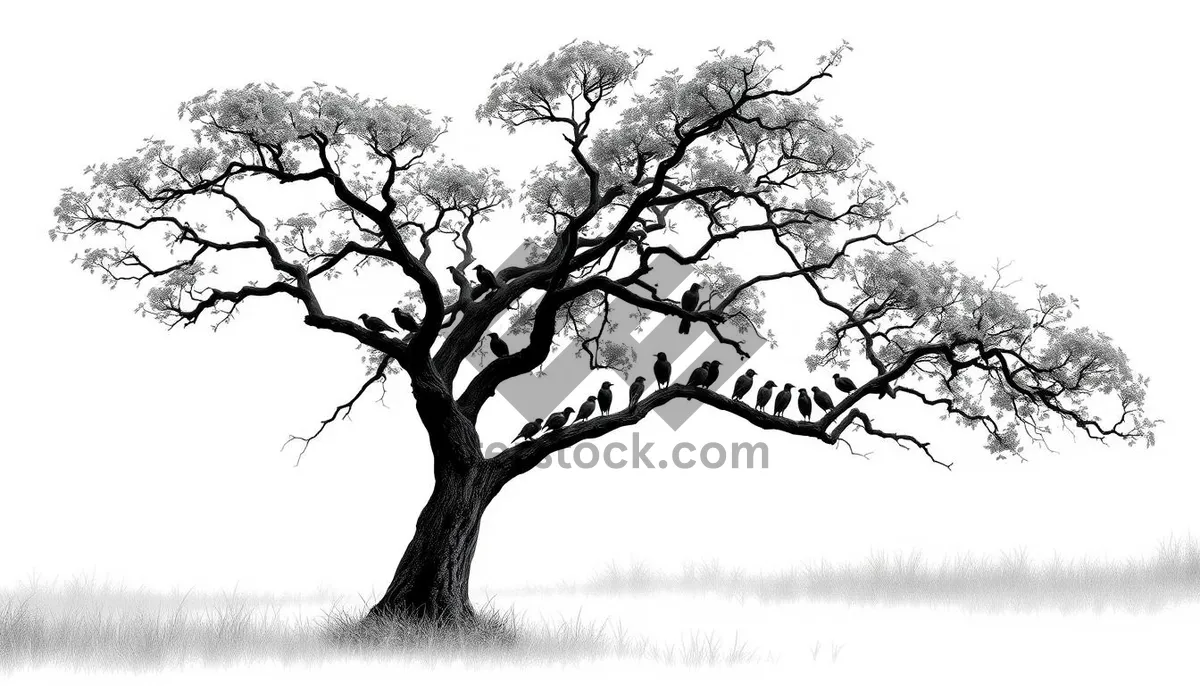 Picture of Winter oak tree silhouette against sky in forest landscape