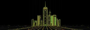 Nighttime cityscape skyline with modern skyscrapers and office buildings.