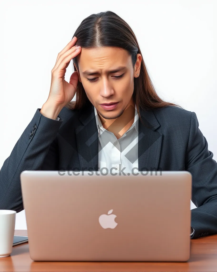 Picture of Happy businessman working on laptop in modern office setting.