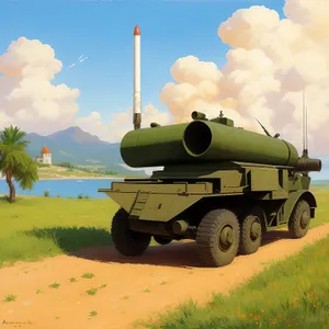 Military tank standing in grassy field under blue sky.