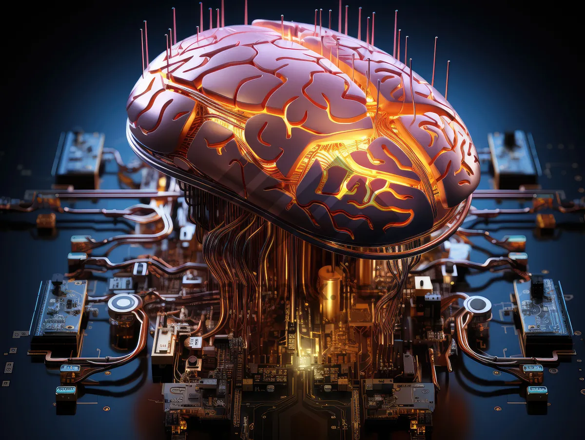 Picture of Sci-fi concept. The central computer processor in the form of an artificial brain microchip as the main element of the artificial intelligence system is installed on the motherboard of the supercomputer