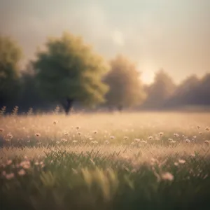Serene Sunrise Over Rural Meadow and Wheat Field