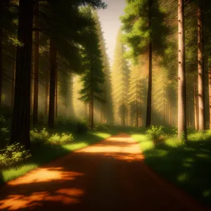 Enchanting Sunlit Forest Path through Autumn Foliage