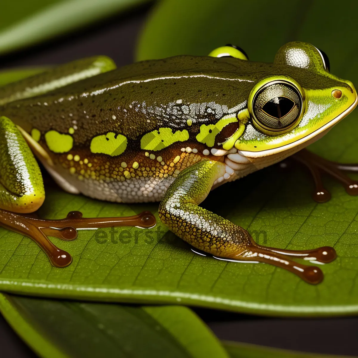 Picture of Orange-eyed Tree Frog peeping through leaf