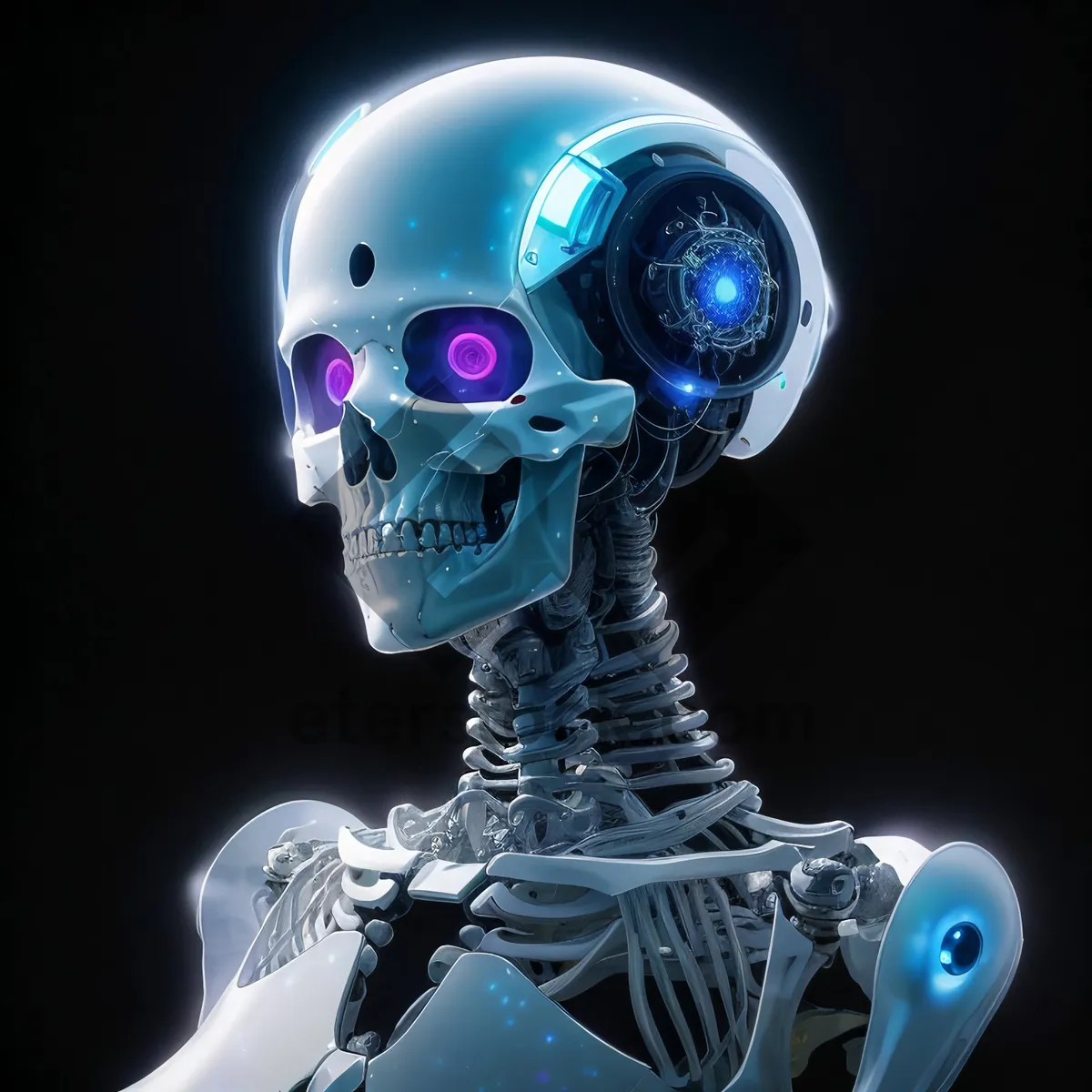 Picture of Spooky 3D skeleton automaton poses in eerie environment