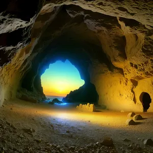 Sunlit Cave Oasis: Majestic Geological Formation amidst Celestial Landscape