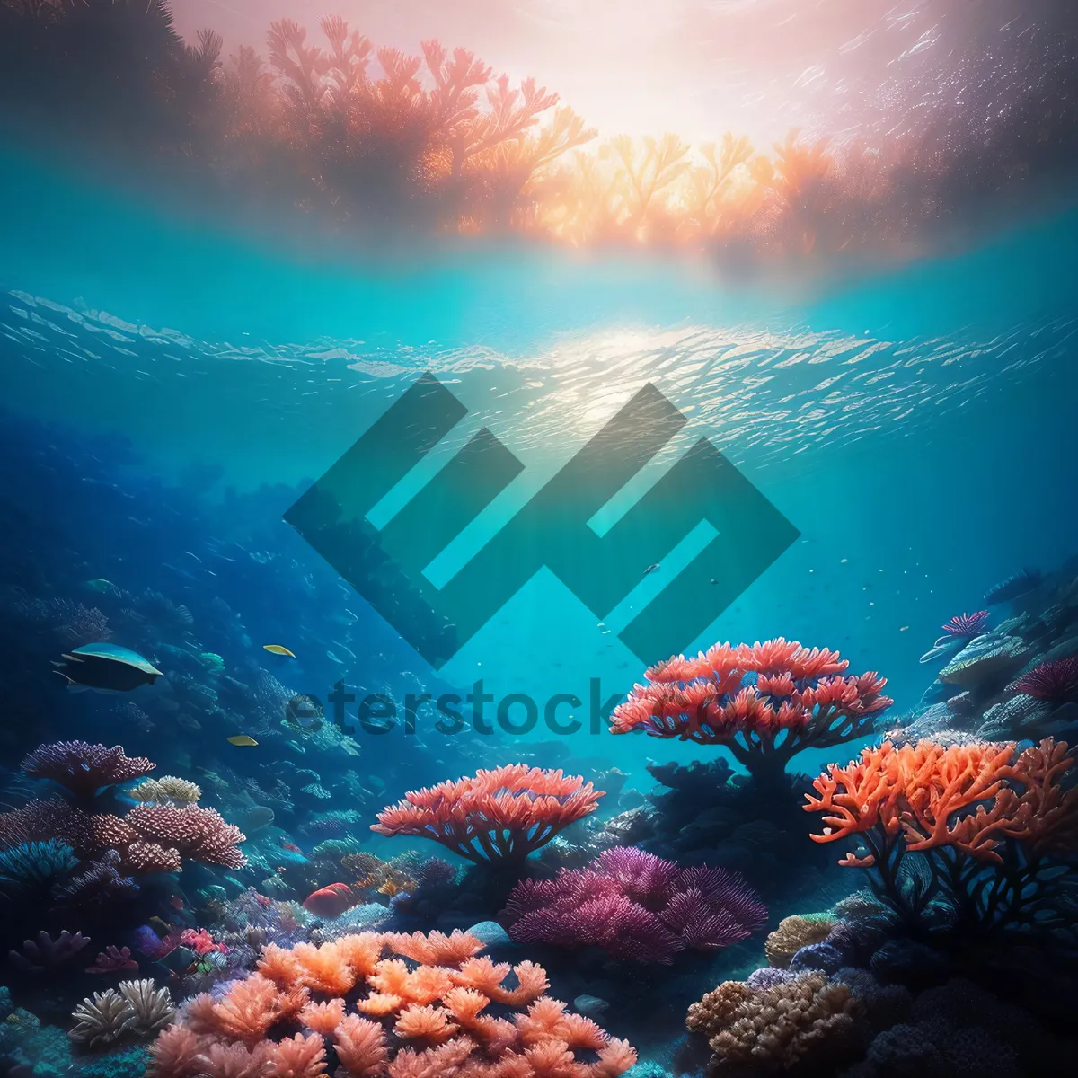 Picture of Vibrant Coral Reef Life Beneath Sunlit Ocean