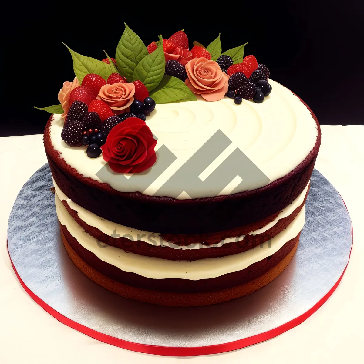 Picture of Gourmet strawberry chocolate cake with fresh berries and cream