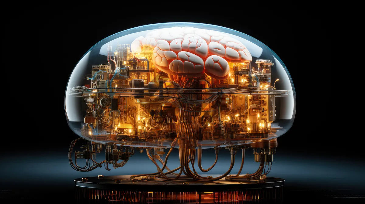 Picture of Sci-fi concept. The central computer processor in the form of an artificial brain microchip as the main element of the artificial intelligence system is installed on the motherboard of the supercomputer