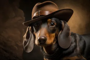 Cute black puppy wearing brown hat, domestic pet portrait.