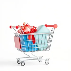 Supermarket shopping cart with empty metal wheels.