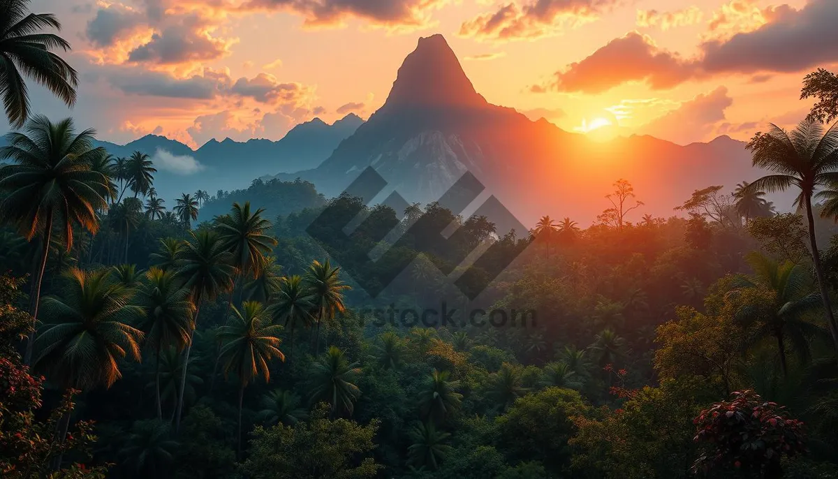 Picture of Orange sky silhouette over park with palm trees.