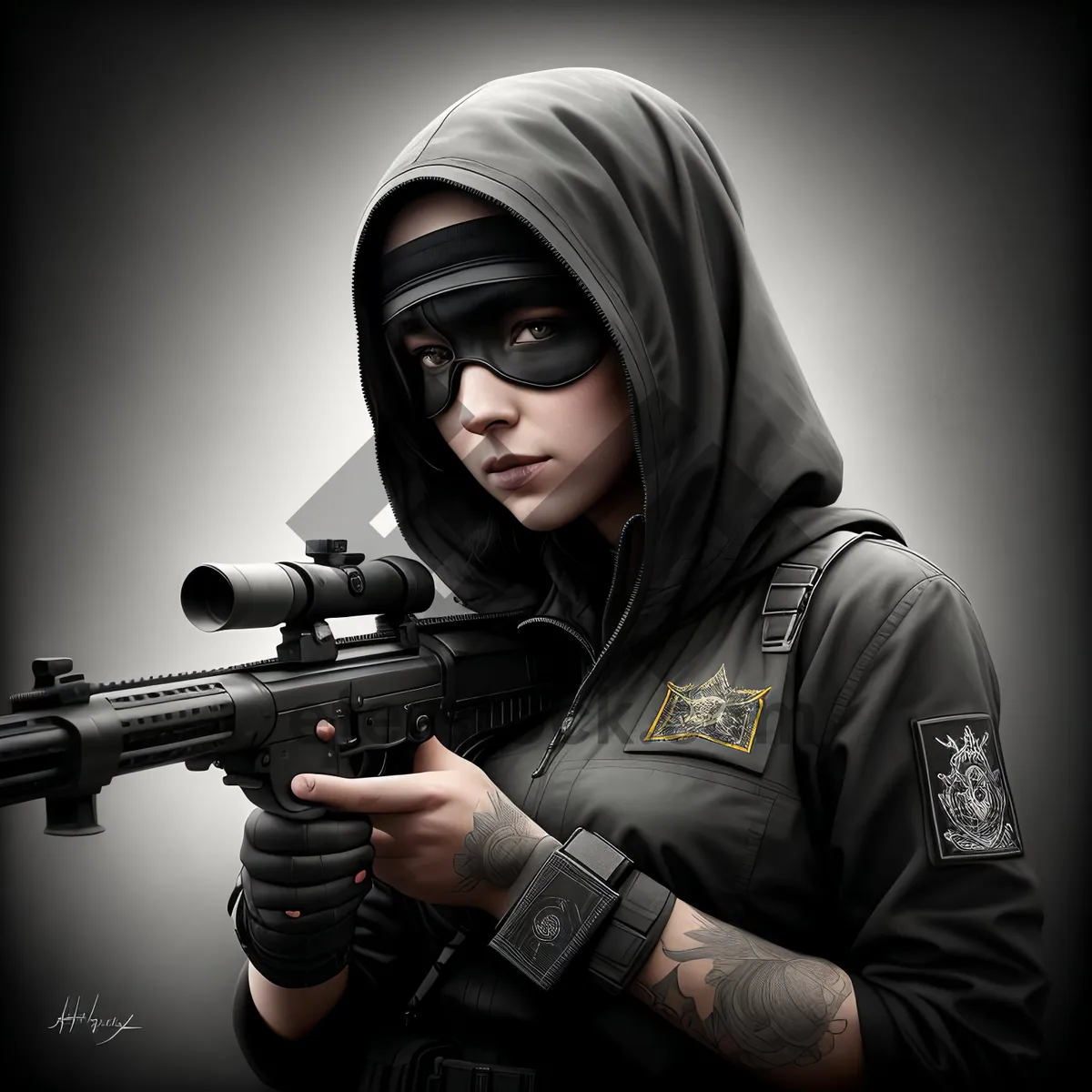 Picture of Stunning portrait of an attractive fashion model with a gun