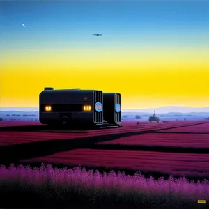 Tranquil sunset over rural meadow and trailer truck