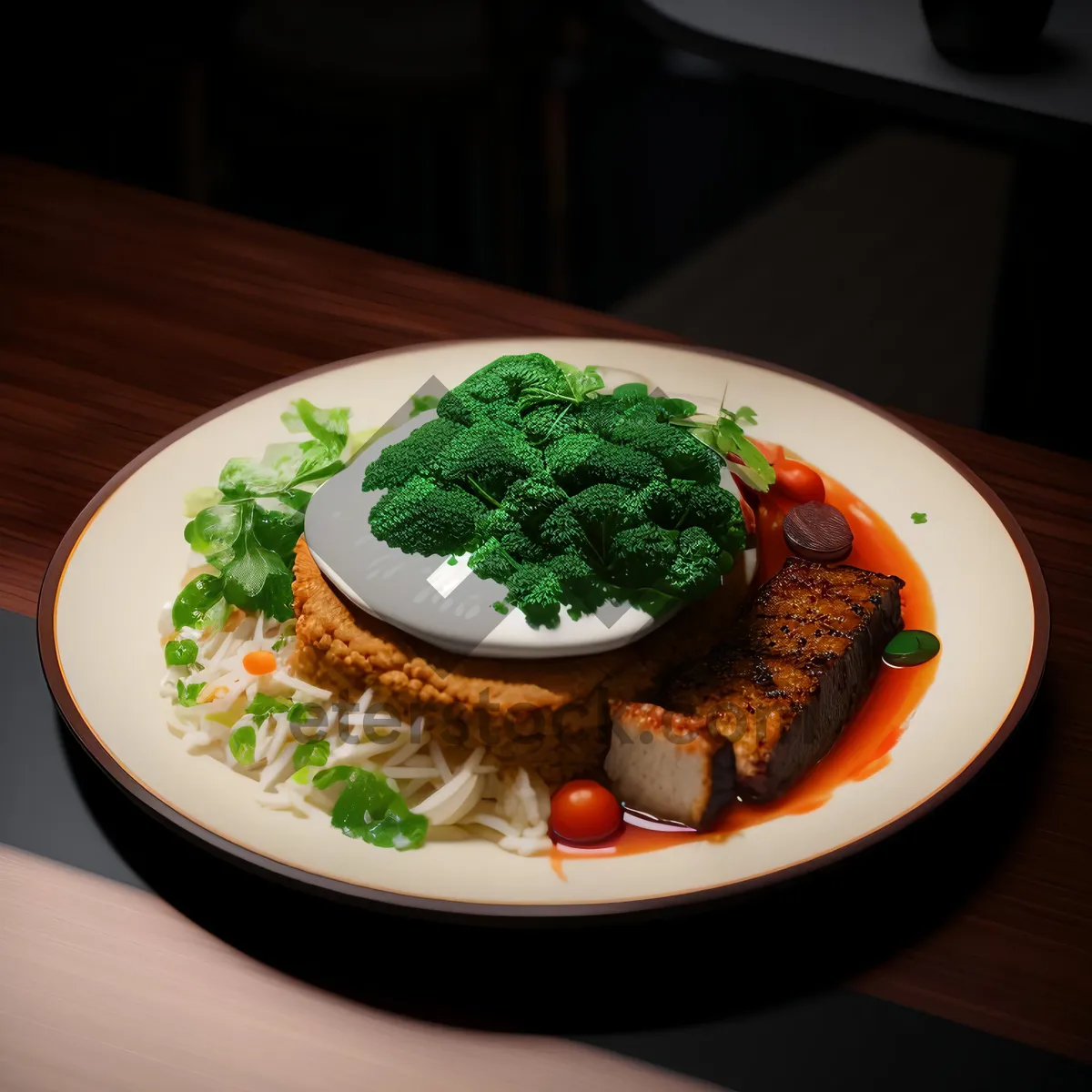 Picture of Fresh Vegetable Salad with Steak and Guacamole Dip