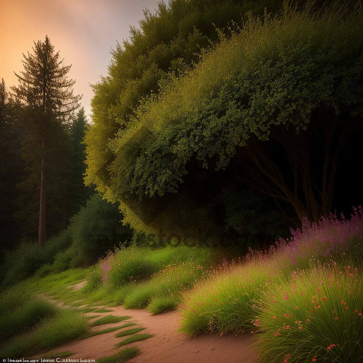 Picture of Mechanical Sprinkler Waters Forest Landscape Under Sunny Sky