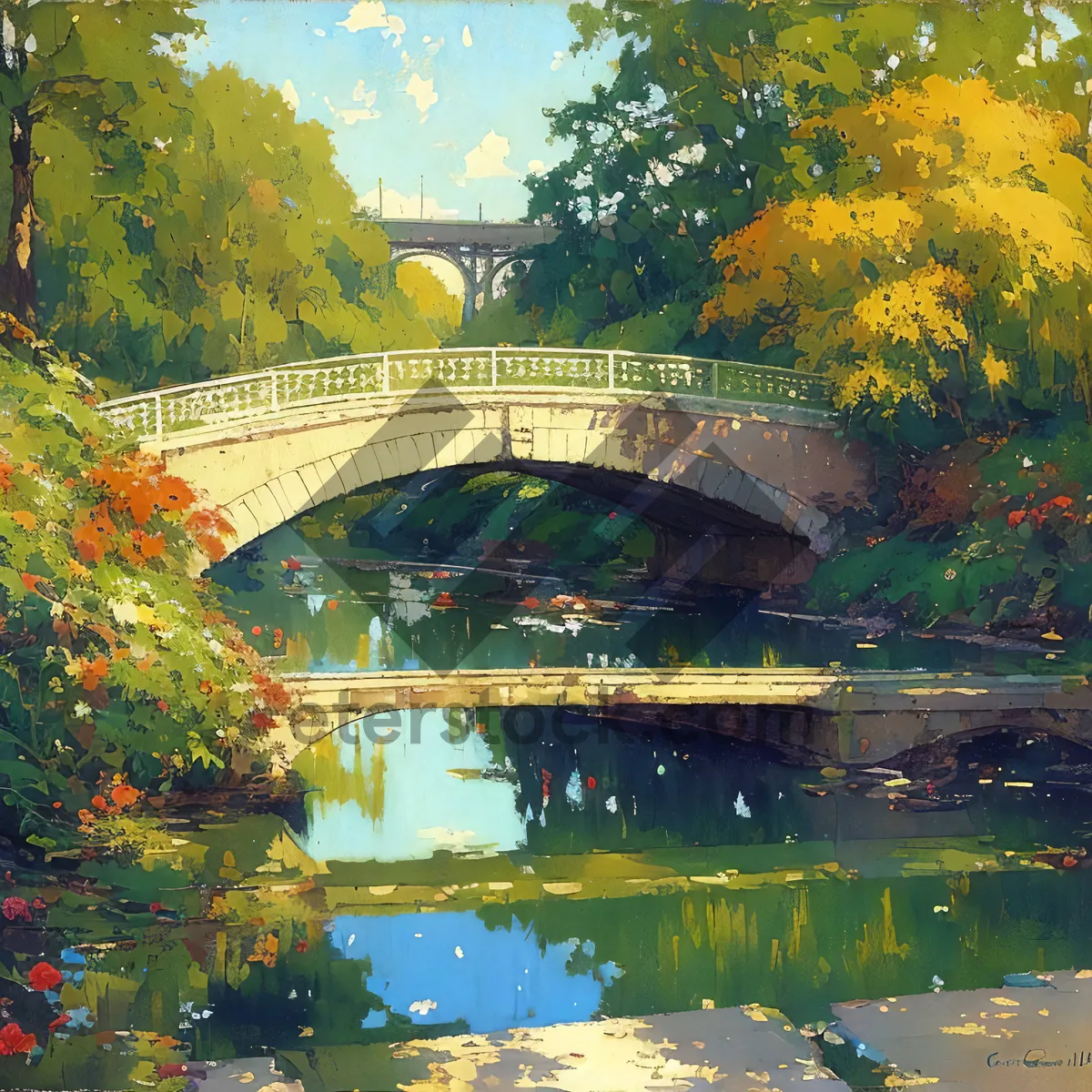 Picture of Steel Arch Bridge over Serene River Landscape