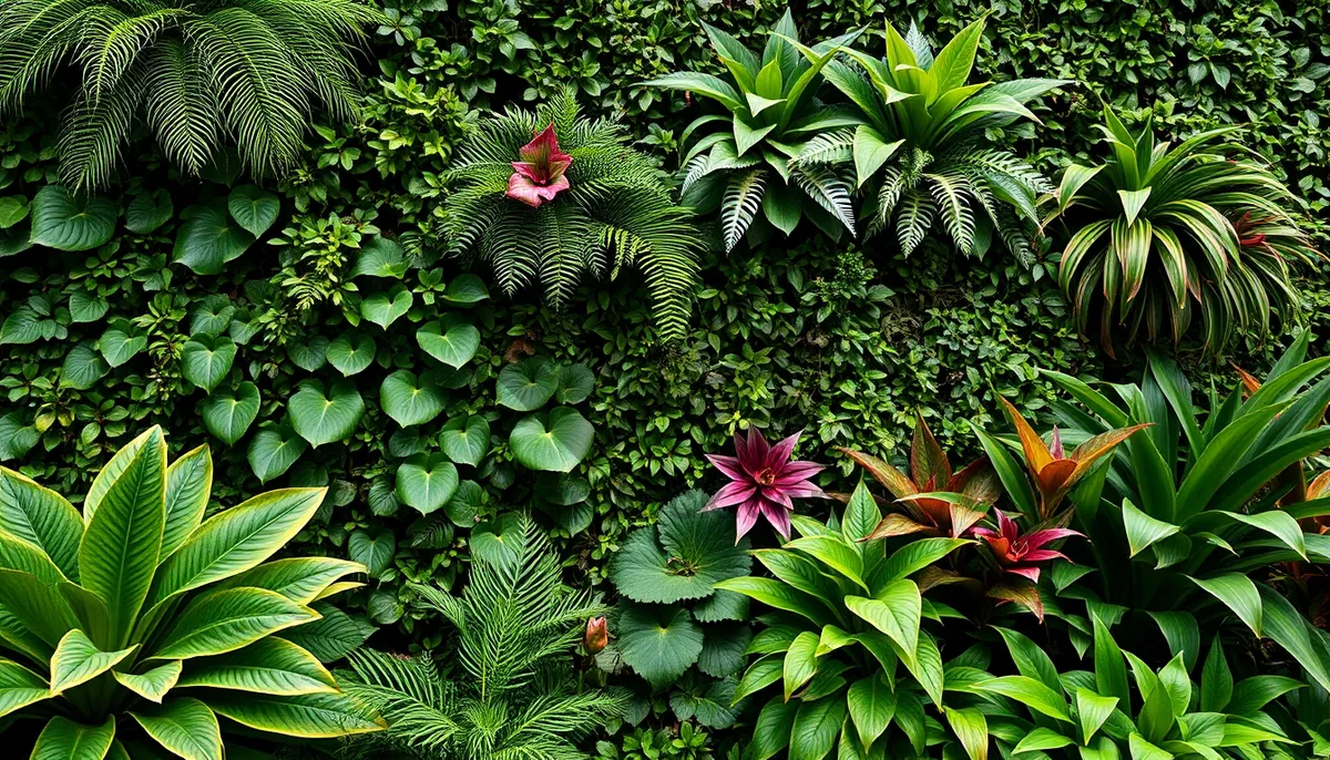 Picture of Tropical foliage plant with flowers in a garden
