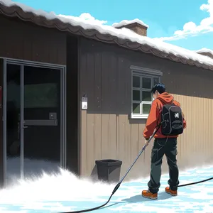 Man skiing down snowy slope at ski resort