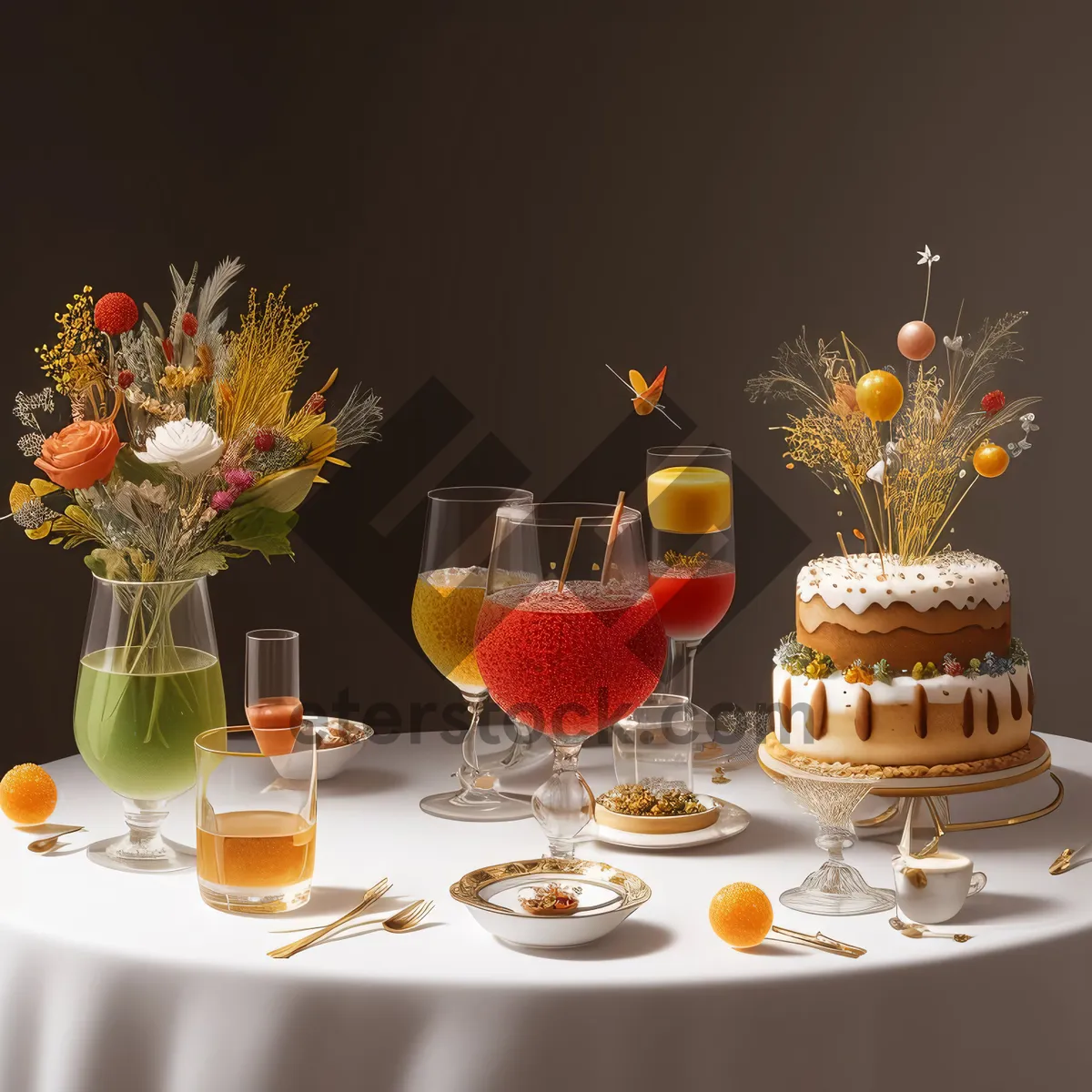 Picture of Luxurious dinner party table setting with wine and candles