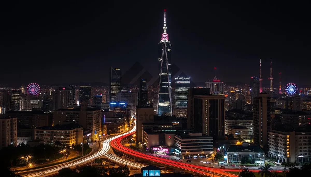 Picture of Modern office tower at dusk in bustling business district.