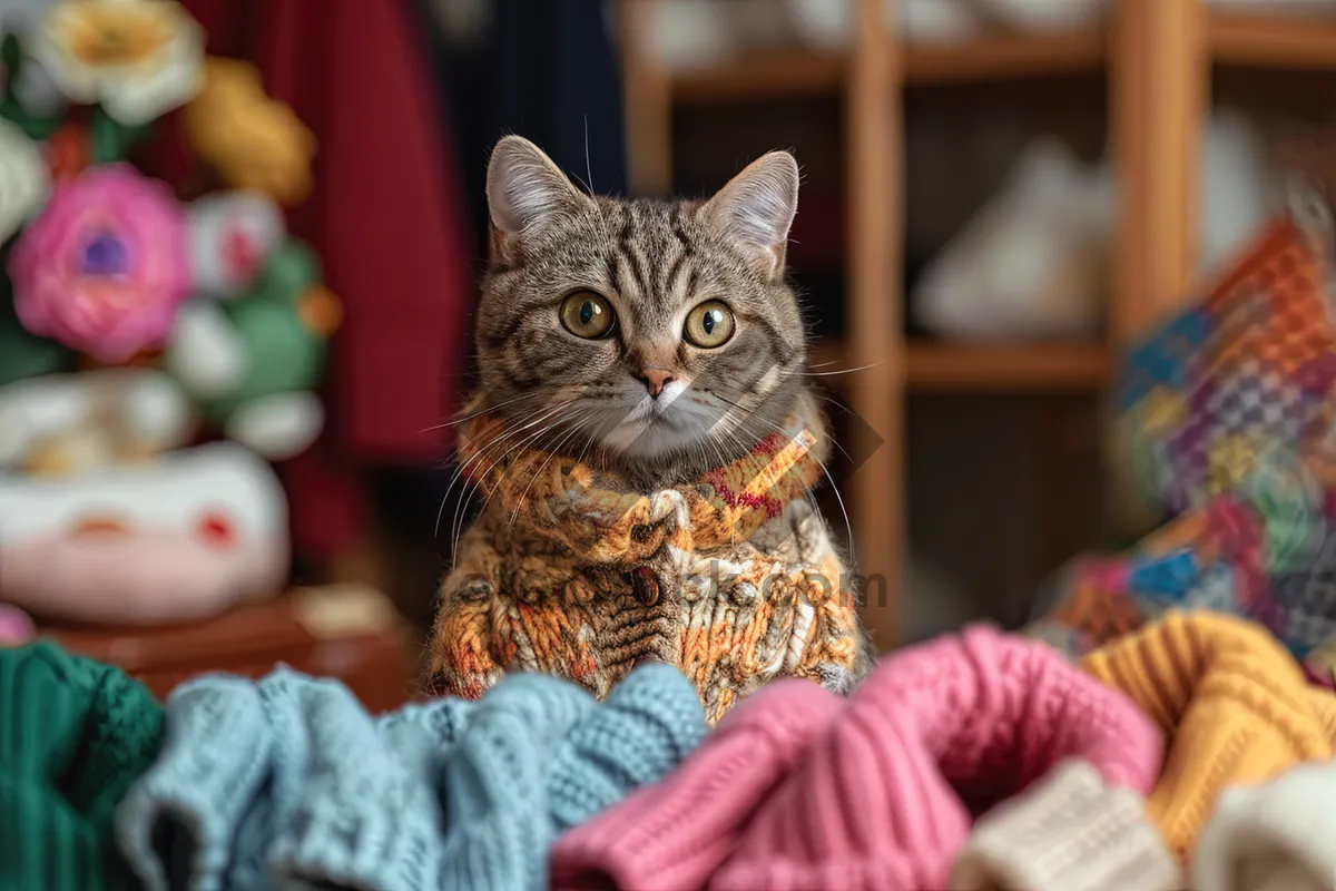 Picture of Fluffy Gray Tabby Cat with Big Eyes.