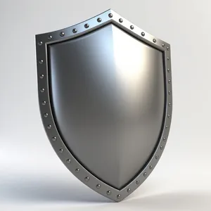 Glossy metal shield emblem with symbol and button icon