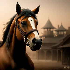 Majestic thoroughbred stallion in rustic stable gear