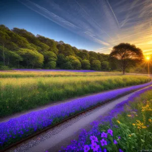 Rural Landscape with Lavender Fields and Tree