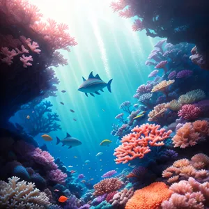 Exotic Underwater Coral Reef: Colorful Marine Life in Sunlit Waters.