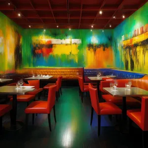 Modern interior design of a restaurant with chairs and tables.