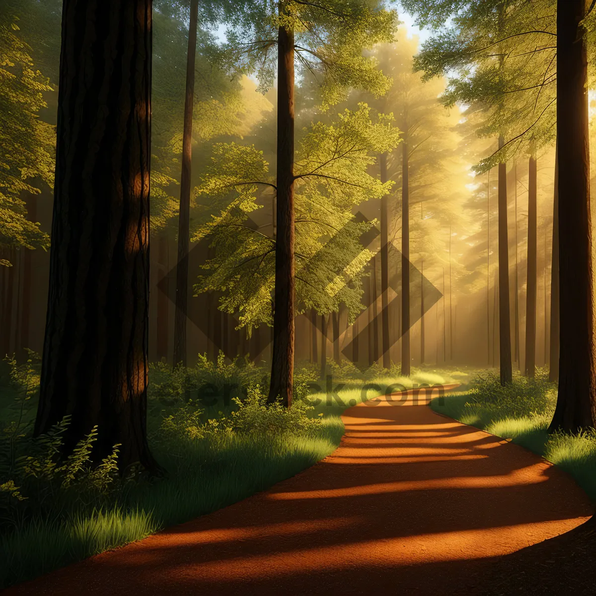 Picture of Autumn Sunlit Woods: Scenic Path through Colorful Foliage