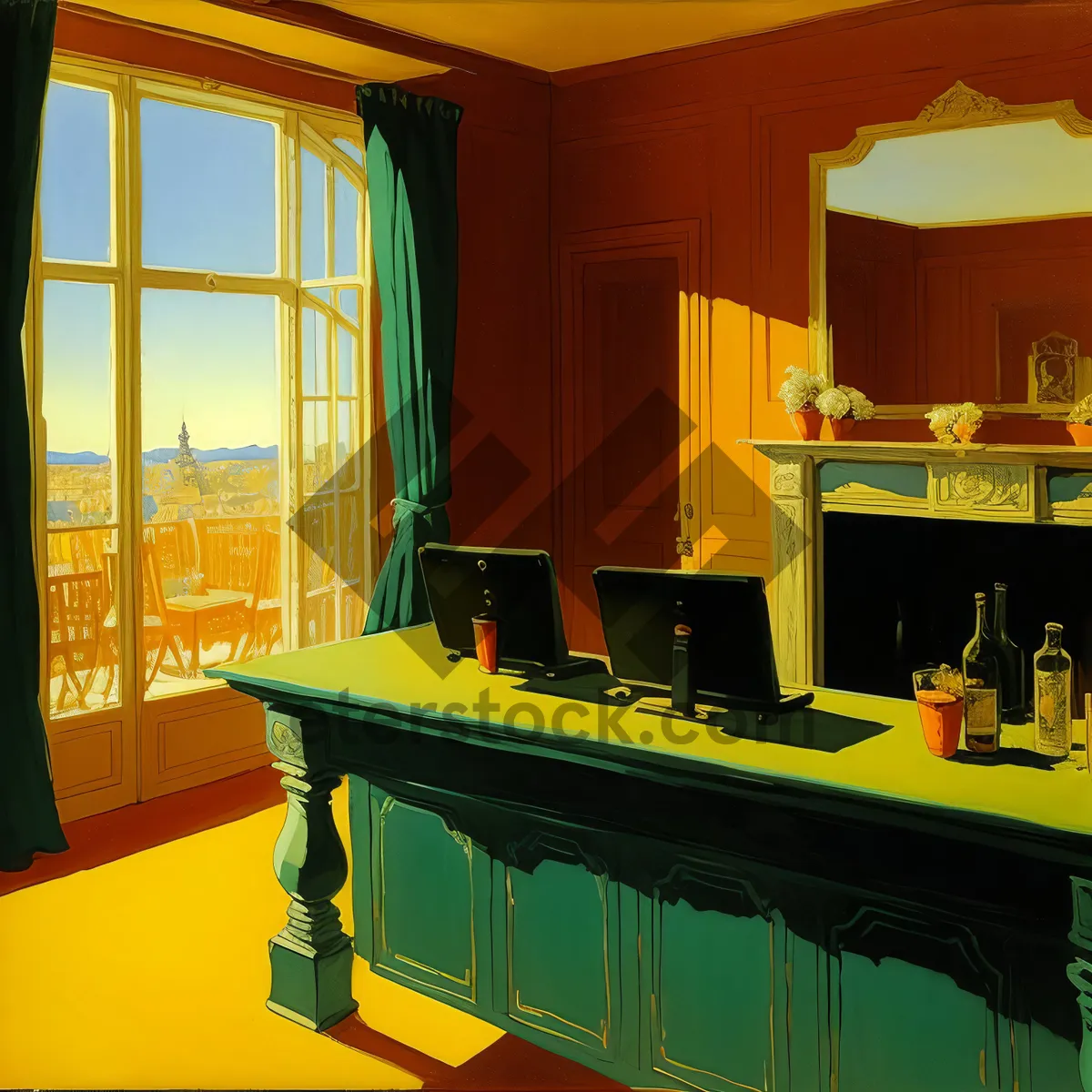 Picture of Modern Kitchen Interior with Wood Furniture and Counter