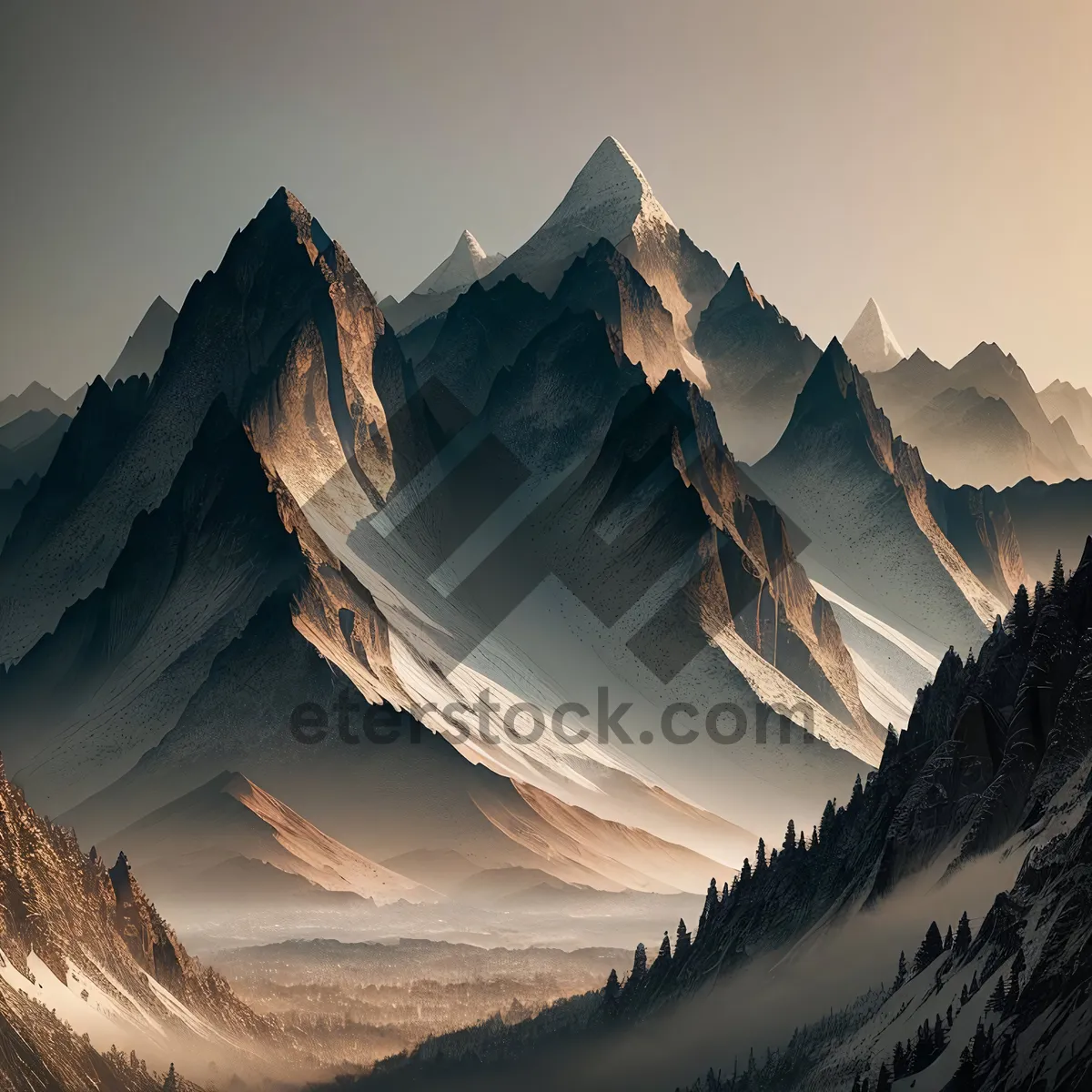 Picture of Snow-capped mountains tower over alpine landscape.