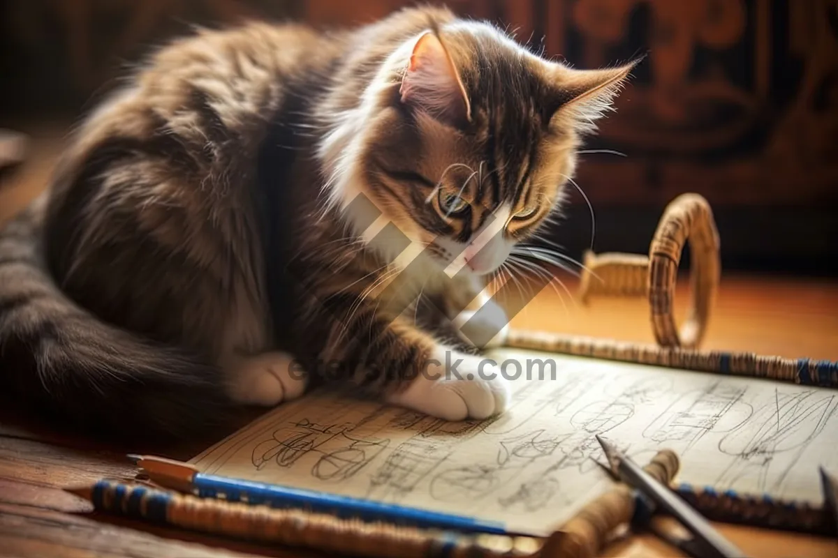 Picture of Cute kitten solving crossword puzzle on laptop in office