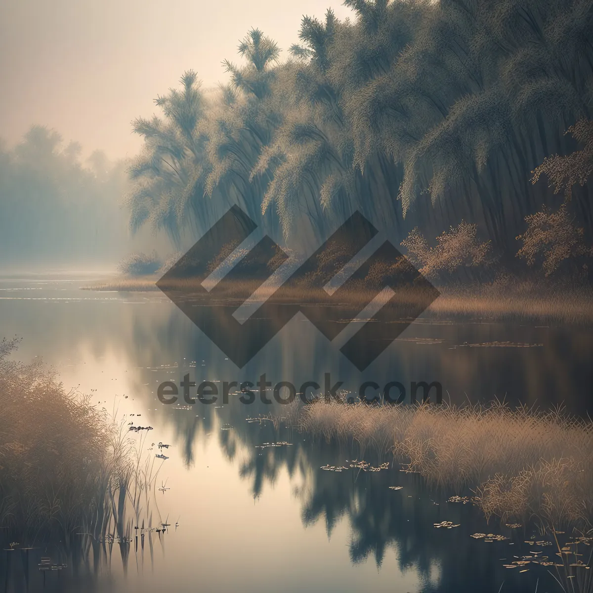 Picture of Serene Sunset Reflection over Lakeside Landscape