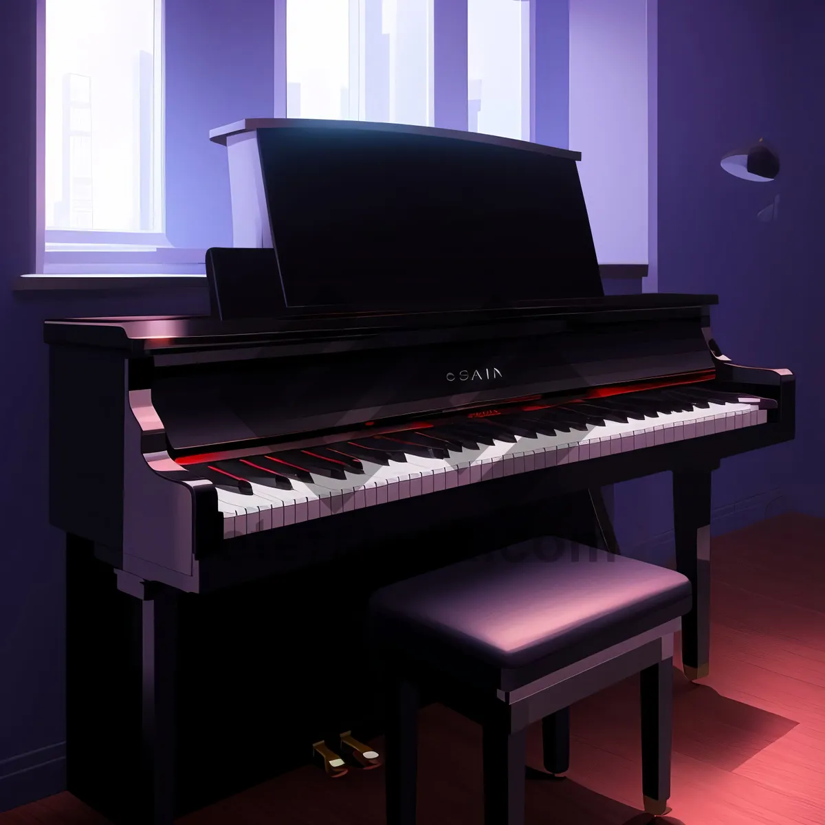 Picture of Black grand piano in home music room.