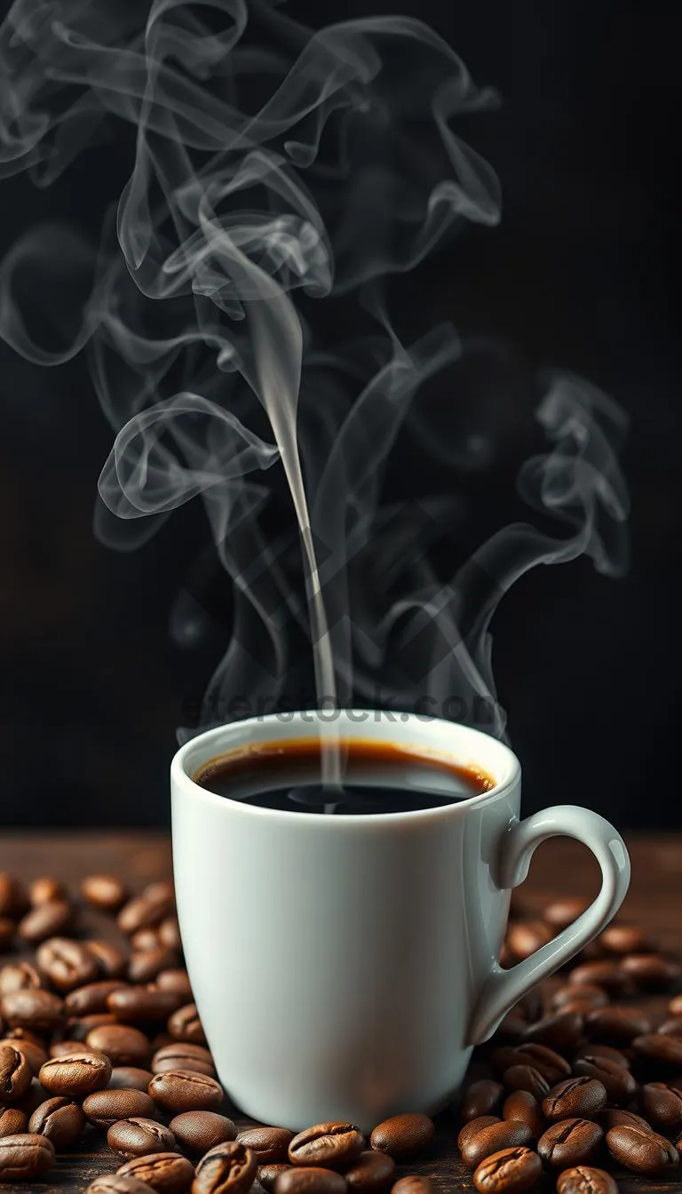 Picture of Black Espresso Cup with Steam on Saucer.