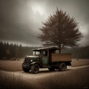 Vintage truck driving through scenic rural landscape