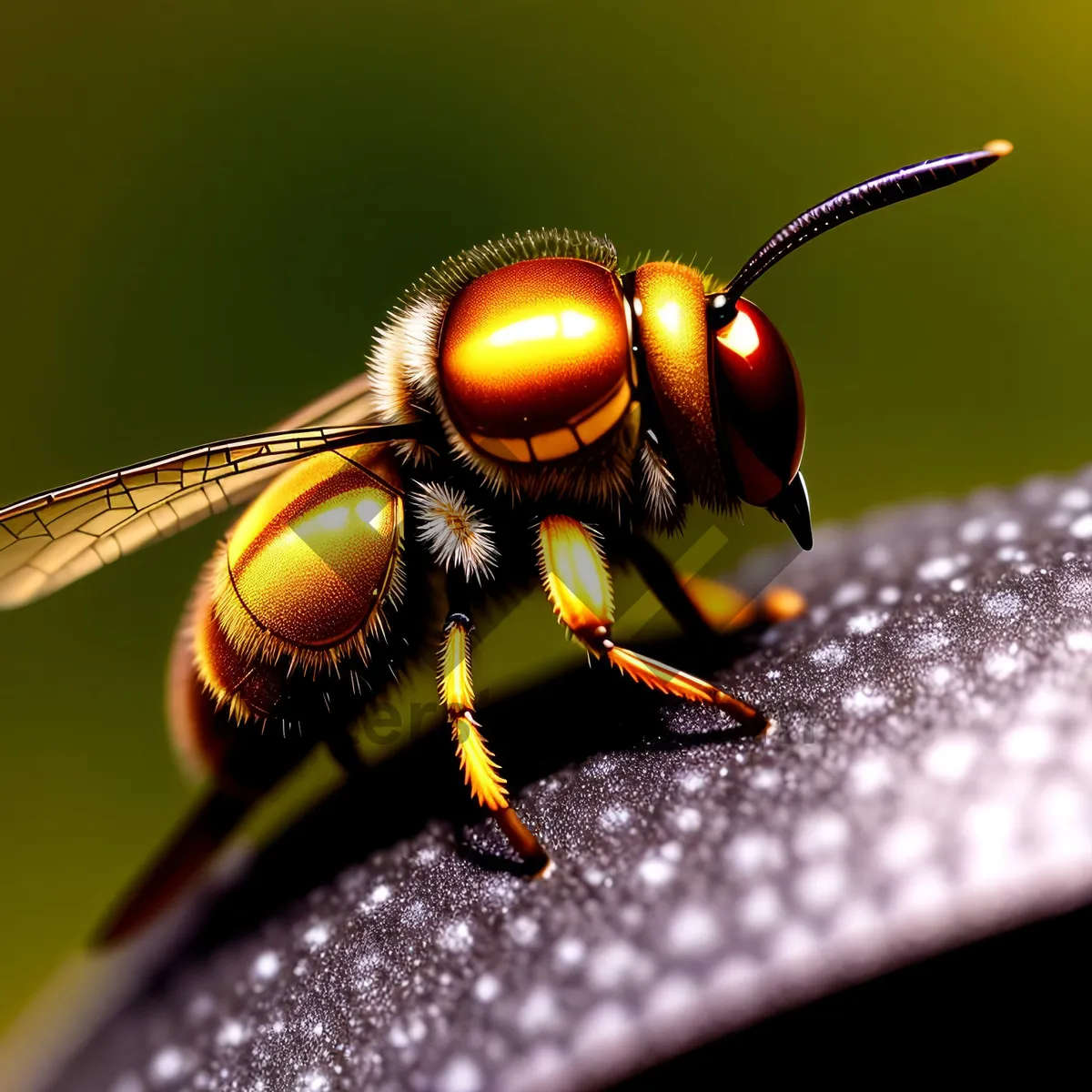 Picture of Yellow Garden Wasp Closeup with Vibrant Wing.