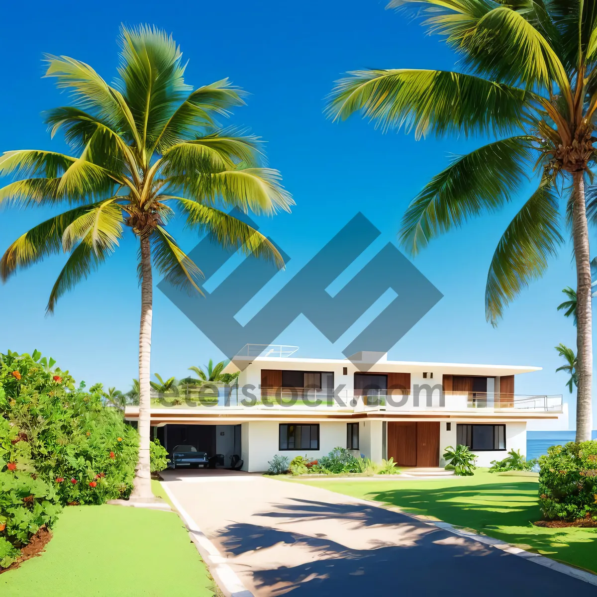 Picture of Tropical Beach Paradise: Palm Trees and Clear Blue Ocean