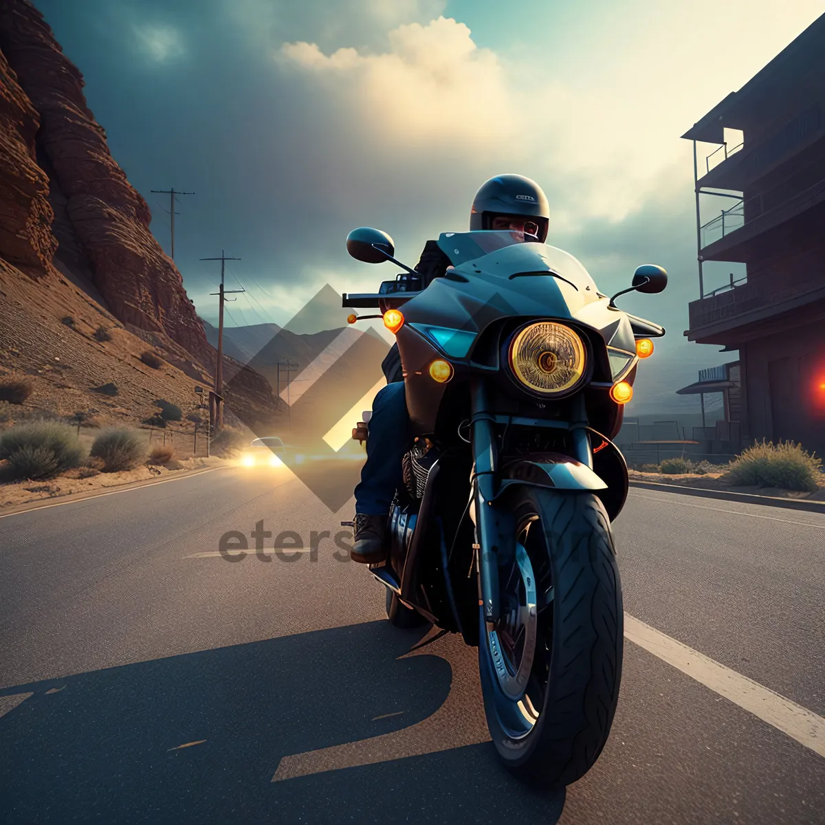 Picture of Speeding Motorcycle Rider with Red Helmet on Road